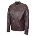WeeBroz Men's Brown Leather Biker Jacket Standing Collar Racer Style - Image 4