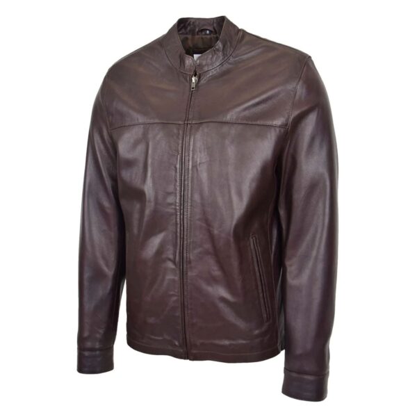 WeeBroz Men's Brown Leather Biker Jacket Standing Collar Racer Style - Image 4