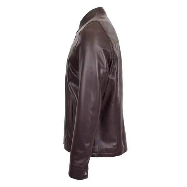 WeeBroz Men's Brown Leather Biker Jacket Standing Collar Racer Style - Image 5