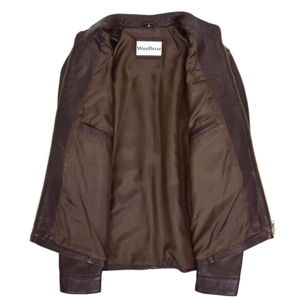 WeeBroz Men's Brown Leather Biker Jacket Standing Collar Racer Style - Image 6