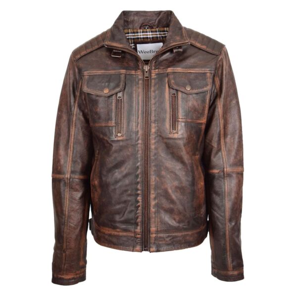 WeeBroz Men's Vintage Brown Leather Biker Jacket Urban Biker Style - Image 1