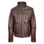 WeeBroz Men's Vintage Brown Leather Biker Jacket Urban Biker Style - Image 3