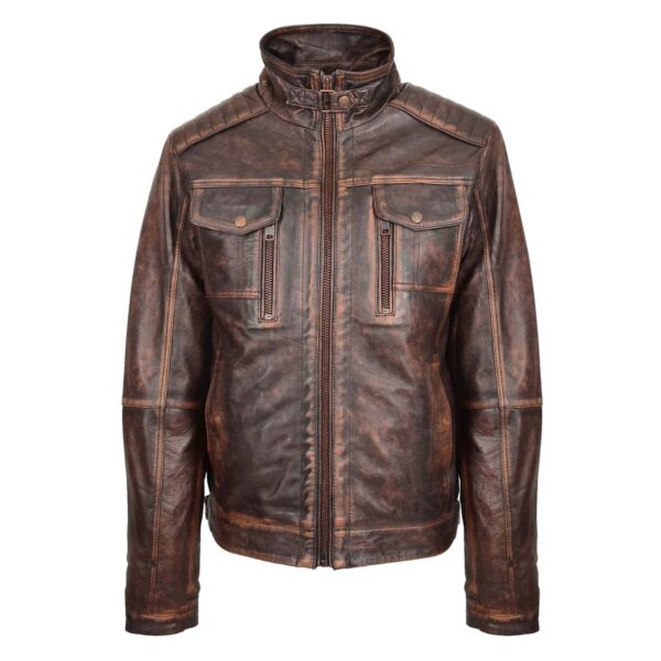 WeeBroz Men's Vintage Brown Leather Biker Jacket Urban Biker Style - Image 3