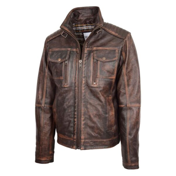 WeeBroz Men's Vintage Brown Leather Biker Jacket Urban Biker Style - Image 4