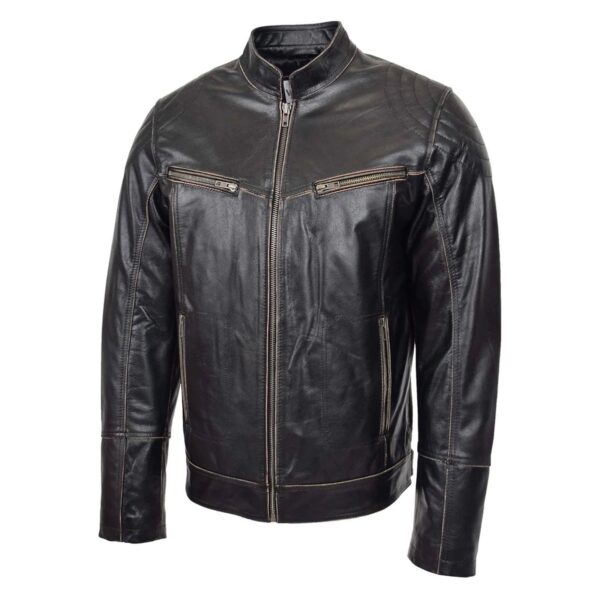 WeeBroz Men's Brown Leather Biker Jacket Vintage Biker Style - Image 4