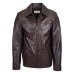 WeeBroz Men's Brown Leather Biker Jacket Zip Box Harrington Style