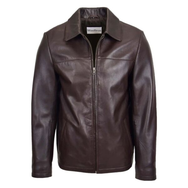 WeeBroz Men's Brown Leather Biker Jacket Zip Box Harrington Style - Image 1