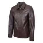 WeeBroz Men's Brown Leather Biker Jacket Zip Box Harrington Style - Image 3