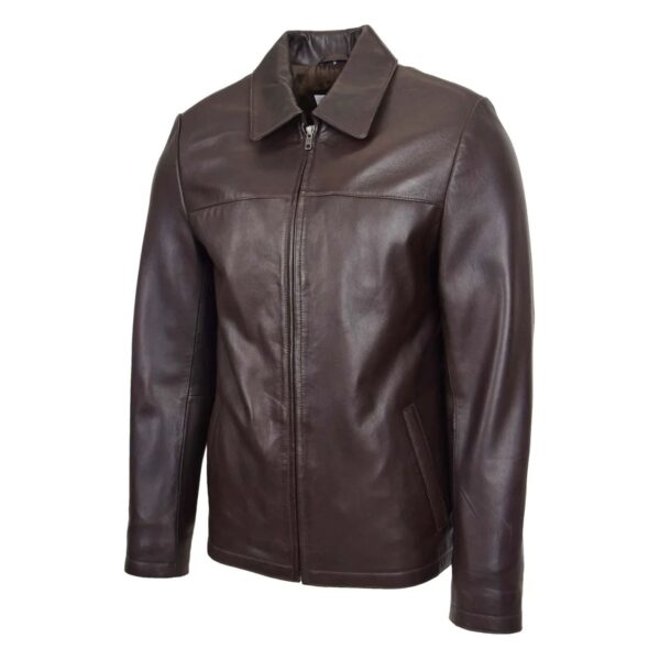 WeeBroz Men's Brown Leather Biker Jacket Zip Box Harrington Style - Image 3