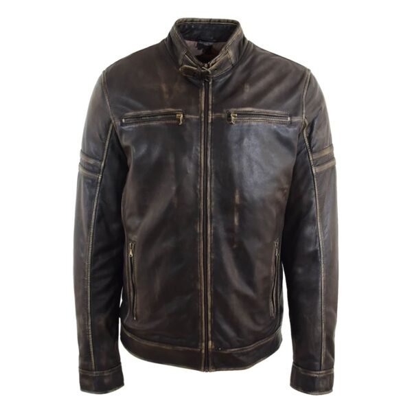 WeeBroz Men's Antique Brown Leather Biker Jacket Vintage Biker Style - Image 1