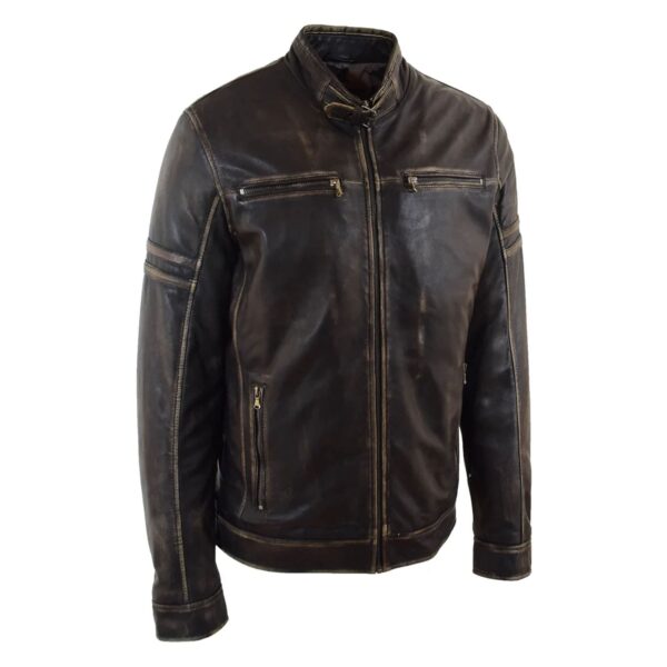 WeeBroz Men's Antique Brown Leather Biker Jacket Vintage Biker Style - Image 4