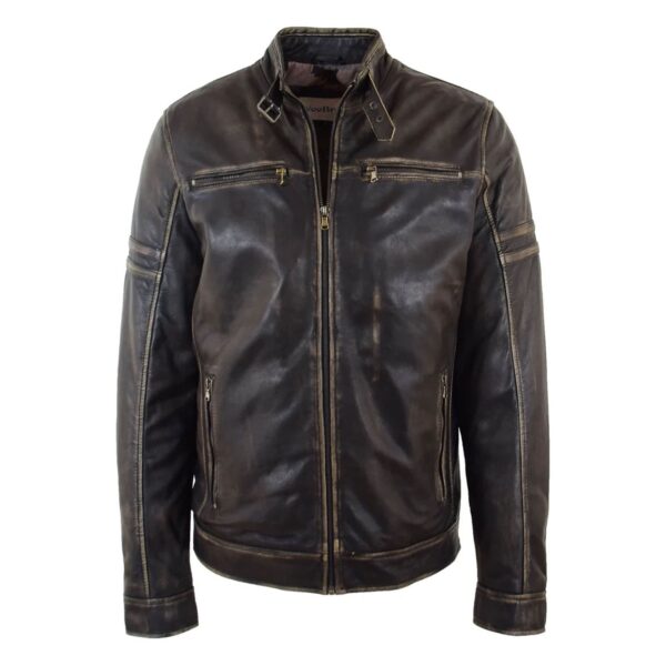 WeeBroz Men's Antique Brown Leather Biker Jacket Vintage Biker Style - Image 5