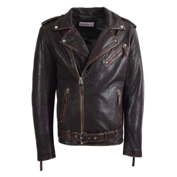 WeeBroz Men's Vintage Brown Leather Biker Jacket Brando Biker Style - Image 1