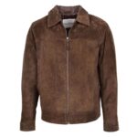 WeeBroz Men's Brown Leather Biker Jacket Suede Casual Harrington Style