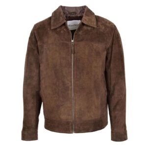 WeeBroz Men's Brown Leather Biker Jacket Suede Casual Harrington Style