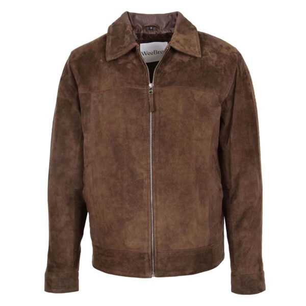 WeeBroz Men's Brown Leather Biker Jacket Suede Casual Harrington Style - Image 1