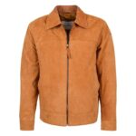 WeeBroz Men's Tan Leather Biker Jacket Suede Casual Harrington Style