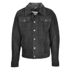 WeeBroz Men's Black Leather Biker Jacket Suede Trucker Harrington Style