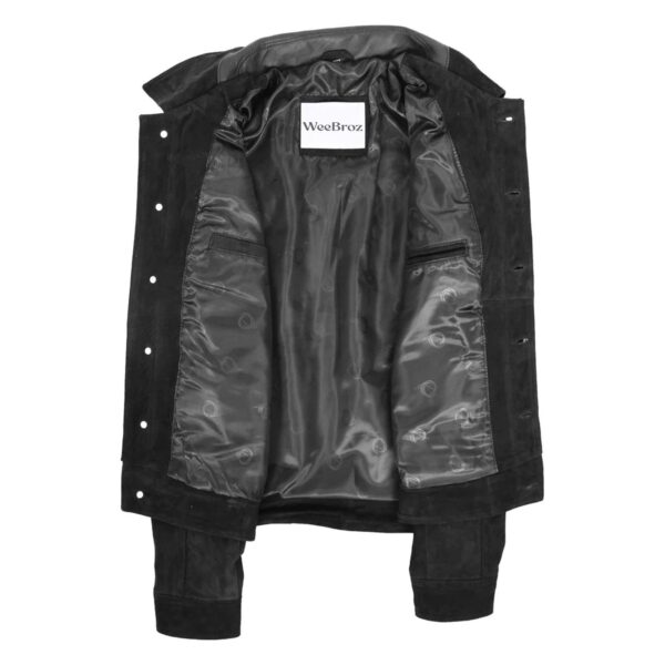 WeeBroz Men's Black Leather Biker Jacket Suede Trucker Harrington Style - Image 6