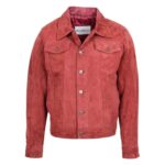 WeeBroz Men's Burgundy Leather Biker Jacket Suede Trucker Harrington Style