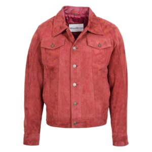 WeeBroz Men's Burgundy Leather Biker Jacket Suede Trucker Harrington Style