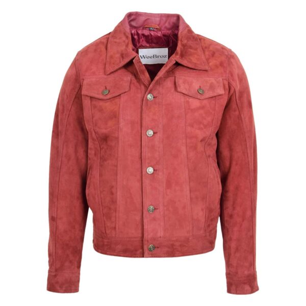 WeeBroz Men's Burgundy Leather Biker Jacket Suede Trucker Harrington Style - Image 1