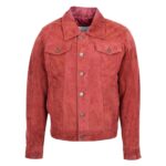 WeeBroz Men's Burgundy Leather Biker Jacket Suede Trucker Harrington Style - Image 3
