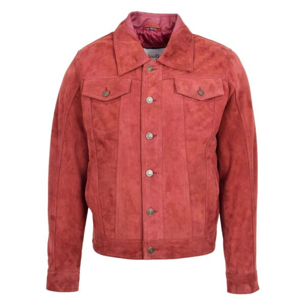 WeeBroz Men's Burgundy Leather Biker Jacket Suede Trucker Harrington Style - Image 3