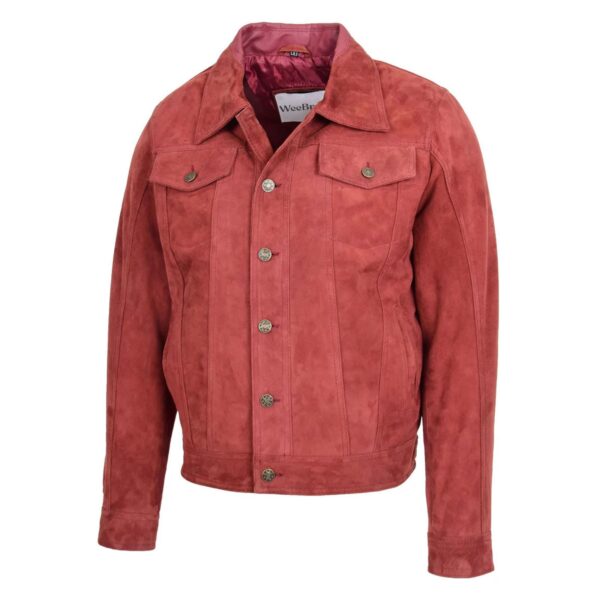 WeeBroz Men's Burgundy Leather Biker Jacket Suede Trucker Harrington Style - Image 4