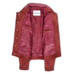 WeeBroz Men's Burgundy Leather Biker Jacket Suede Trucker Harrington Style - Image 6