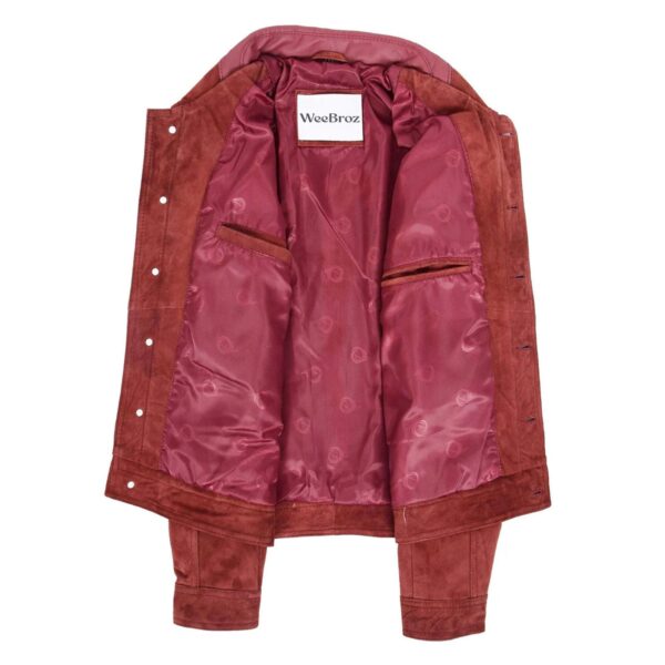 WeeBroz Men's Burgundy Leather Biker Jacket Suede Trucker Harrington Style - Image 6