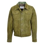 WeeBroz Men's Green Leather Biker Jacket Suede Trucker Style