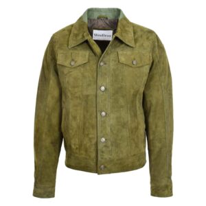 WeeBroz Men's Green Leather Biker Jacket Suede Trucker Style