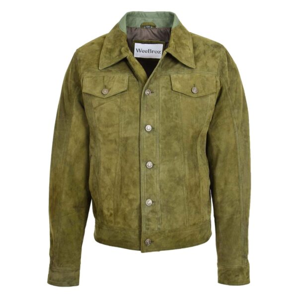 WeeBroz Men's Green Leather Biker Jacket Suede Trucker Style - Image 1