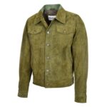 WeeBroz Men's Green Leather Biker Jacket Suede Trucker Style - Image 4