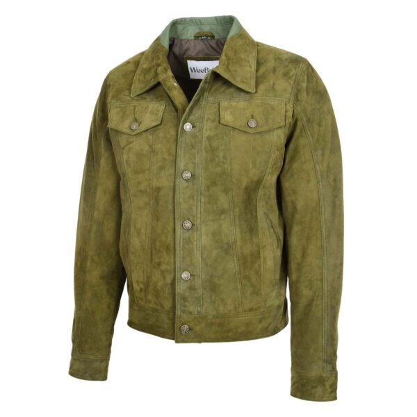 WeeBroz Men's Green Leather Biker Jacket Suede Trucker Style - Image 4