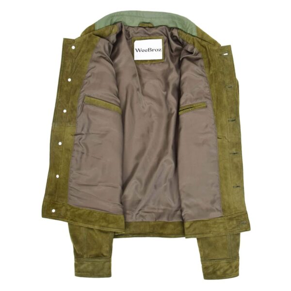 WeeBroz Men's Green Leather Biker Jacket Suede Trucker Style - Image 6