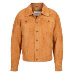 WeeBroz Men's Tan Leather Biker Jacket Suede Trucker Style