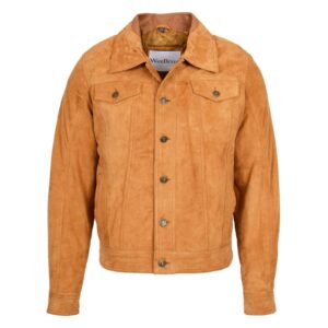 WeeBroz Men's Tan Leather Biker Jacket Suede Trucker Style