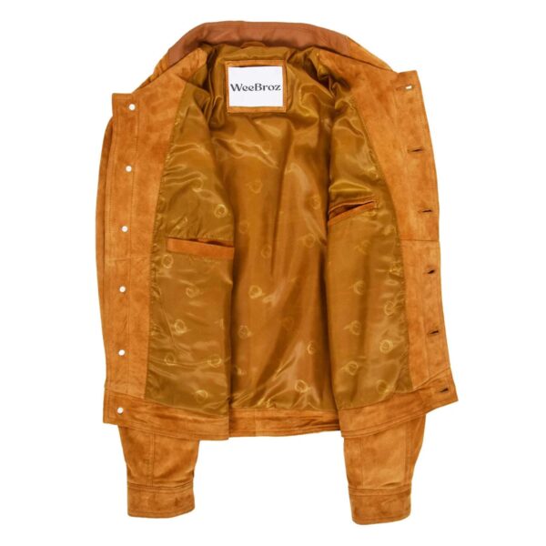 WeeBroz Men's Tan Leather Biker Jacket Suede Trucker Style - Image 6