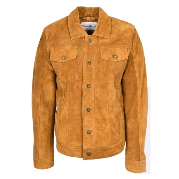 WeeBroz Men's Tan Leather Biker Jacket Suede Trucker Style - Image 1