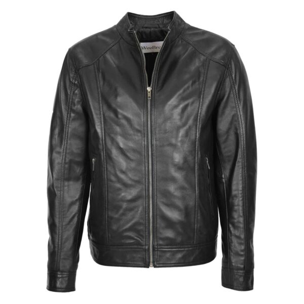 WeeBroz Men's Black Soft Leather Biker Jacket Casual Plain Zip Style - Image 1