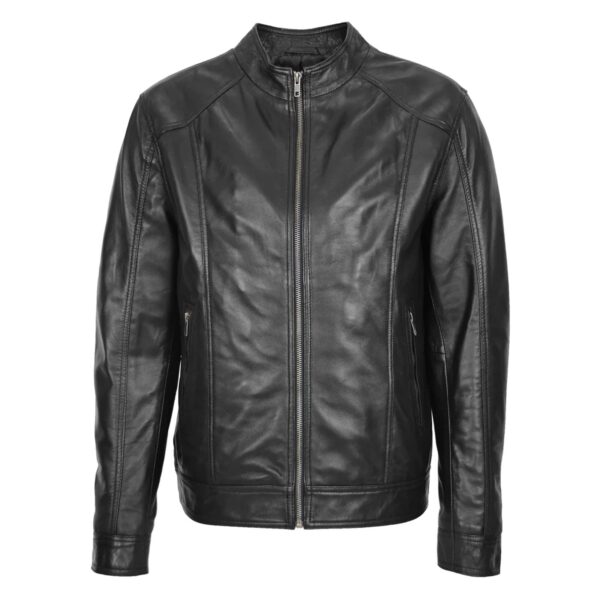 WeeBroz Men's Black Soft Leather Biker Jacket Casual Plain Zip Style - Image 3