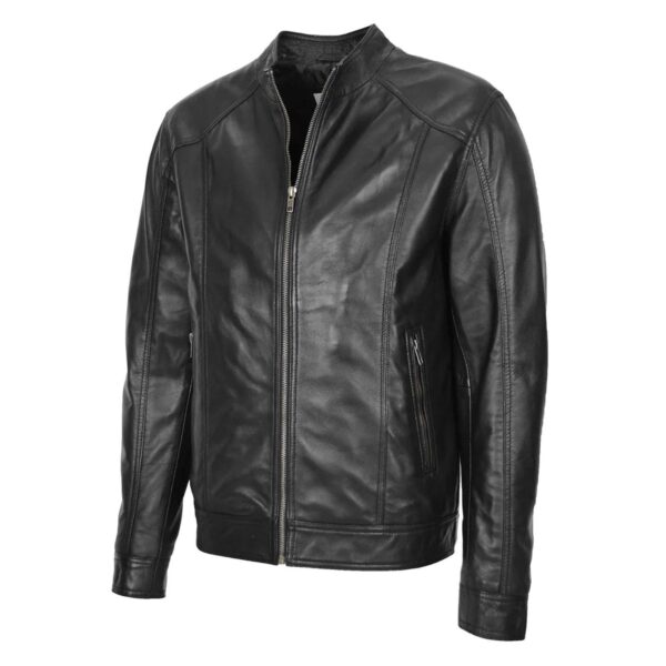 WeeBroz Men's Black Soft Leather Biker Jacket Casual Plain Zip Style - Image 4