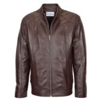 WeeBroz Men's Brown Soft Leather Biker Jacket Casual Plain Zip Style