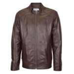 WeeBroz Men's Brown Soft Leather Biker Jacket Casual Plain Zip Style - Image 3