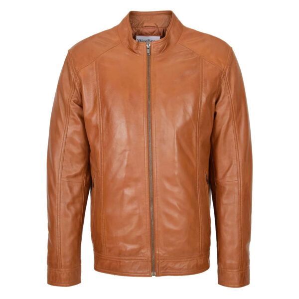 WeeBroz Men's Tan Soft Leather Biker Jacket Casual Plain Rider Style - Image 3