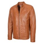 WeeBroz Men's Tan Soft Leather Biker Jacket Casual Plain Rider Style - Image 4