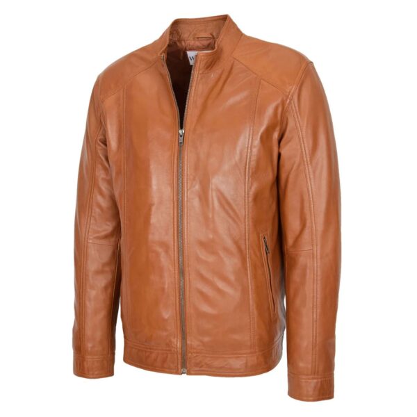 WeeBroz Men's Tan Soft Leather Biker Jacket Casual Plain Rider Style - Image 4