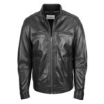 WeeBroz Men's Black Leather Biker Jacket Standing Collar Style